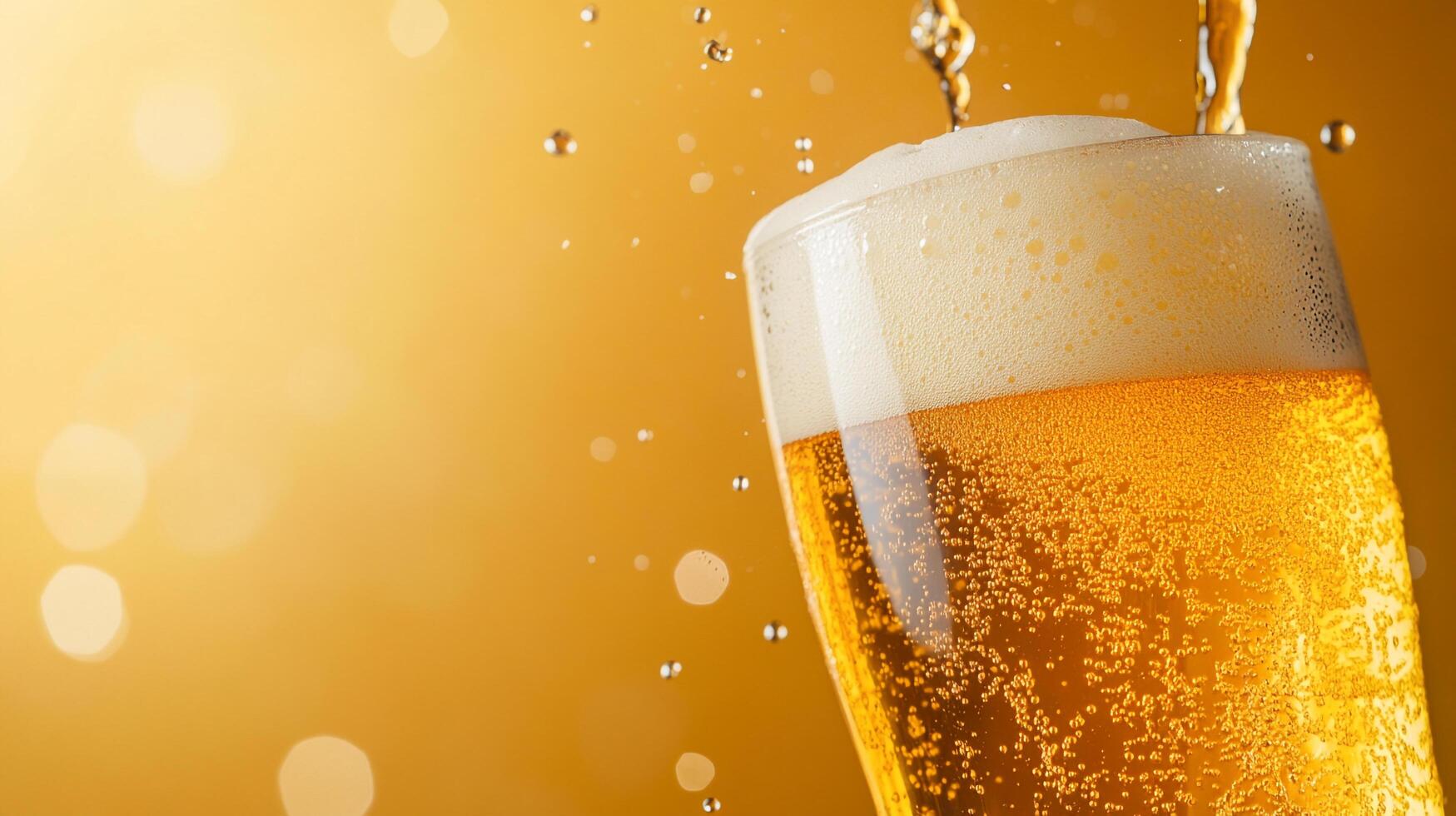 Refreshing beer is poured into a glass, creating foam and bubbles, against a golden backdrop perfect for celebration and relaxation. photo