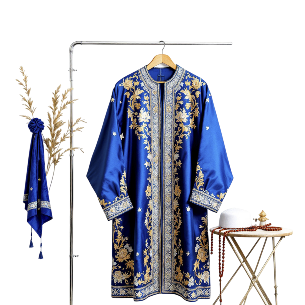 A blue and gold robe with gold embroidery png