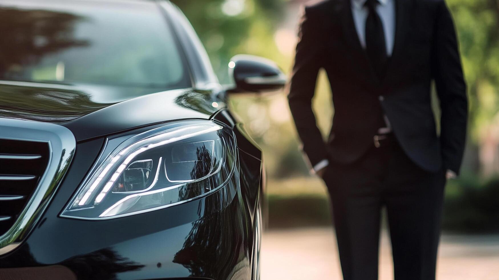 A man in a suit stands near a sleek, dark-colored car. The car's headlights are prominent, highlighting its modern design and elegant aesthetic. photo