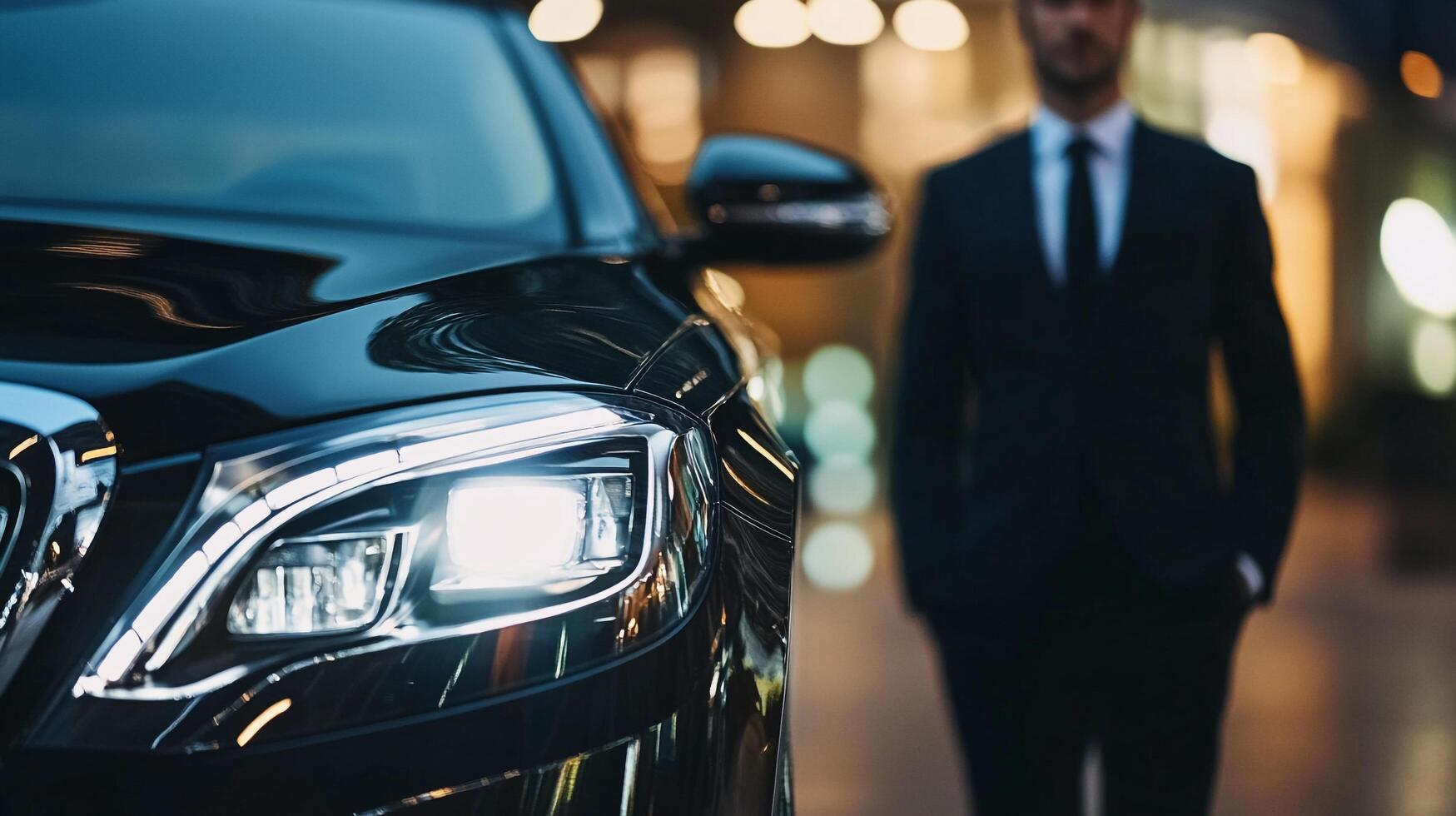 A sleek black car is shown in the foreground with a suited man standing in the background creating a sense of mystery and sophistication. photo