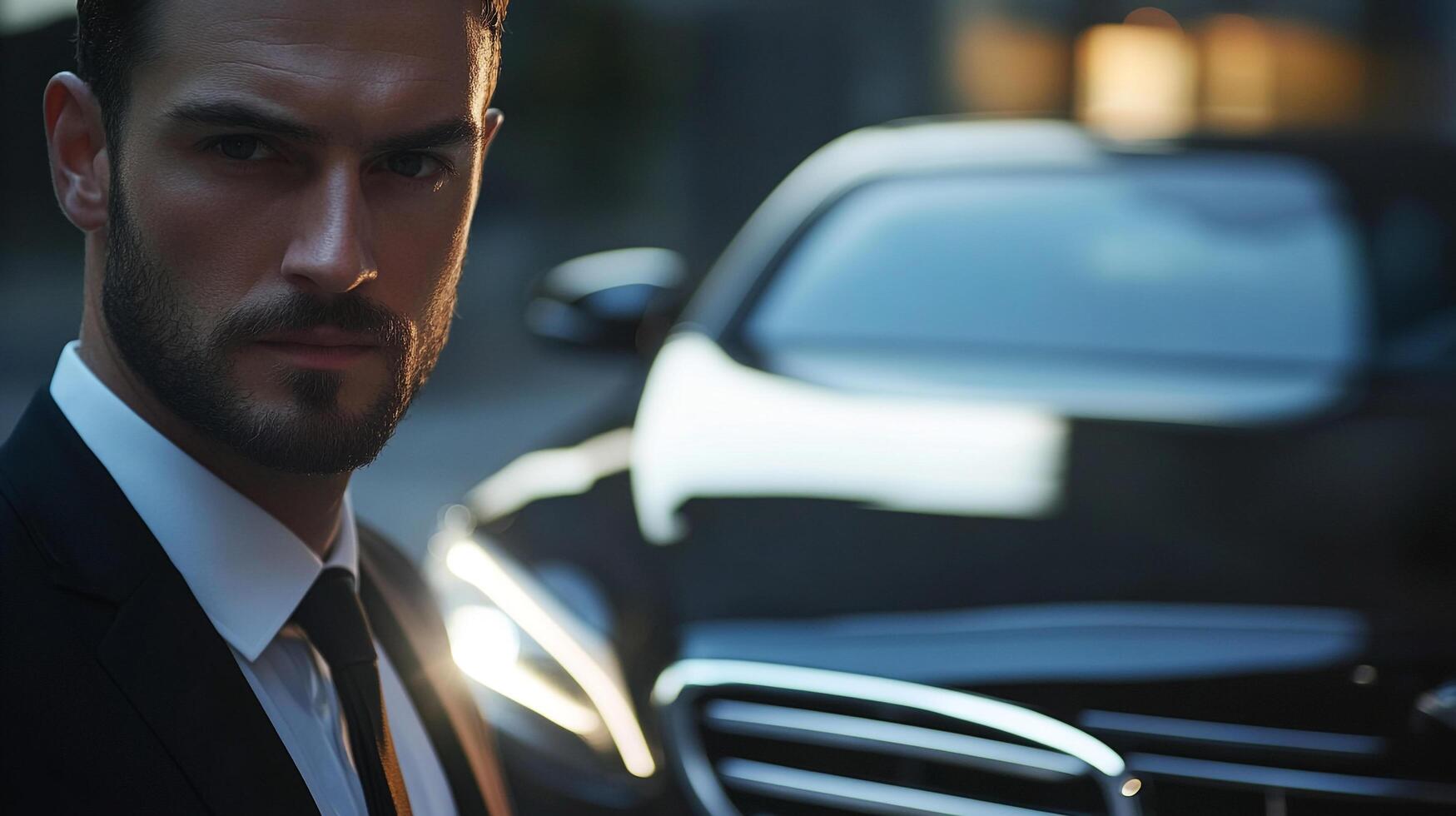 Suave man in suit standing near modern car, exuding confidence. Intense gaze and refined style make a lasting impression photo