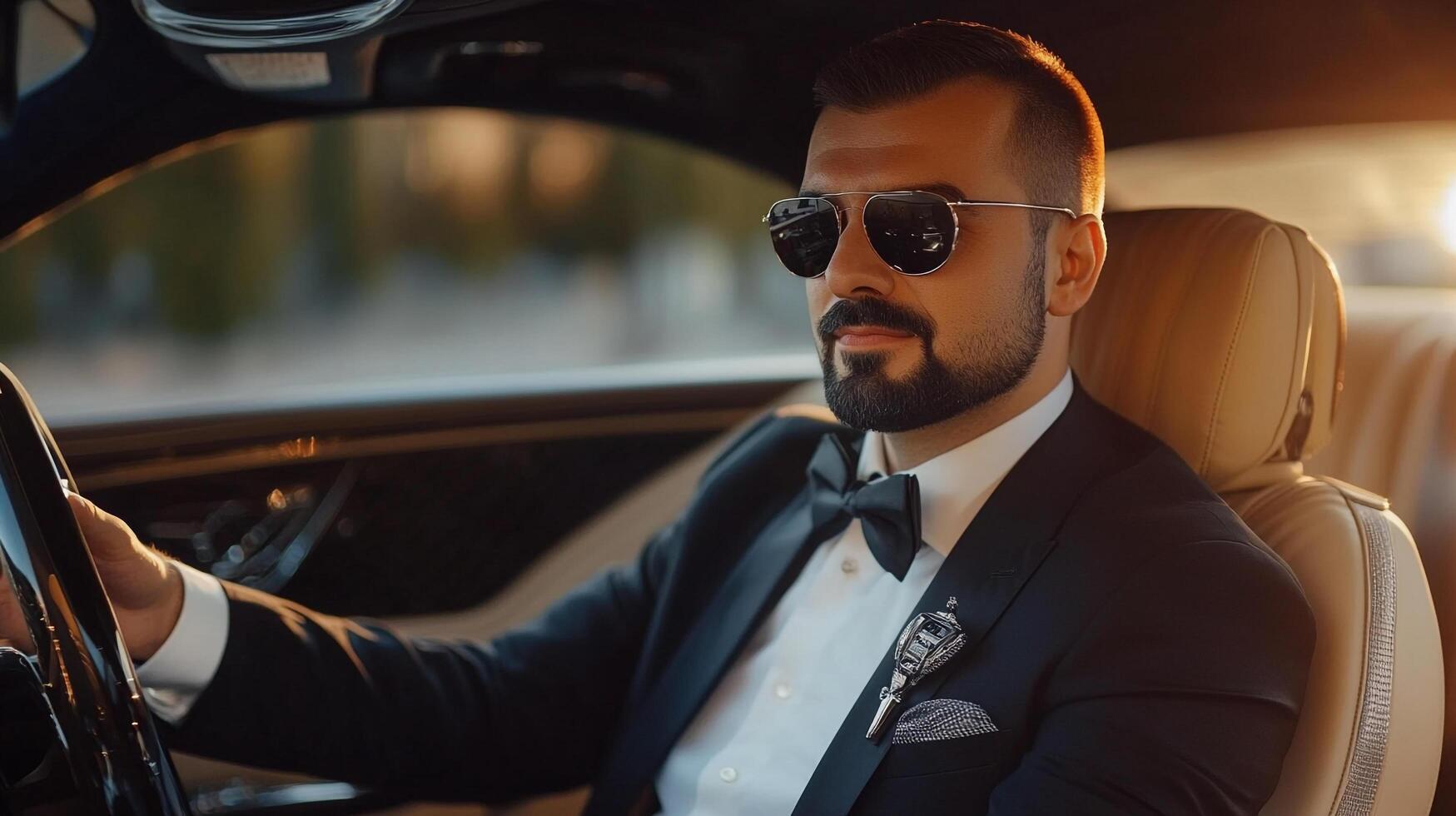 Dapper gentleman drives with elegance. Confident man in suit and sunglasses behind the wheel, exuding style and sophistication. Classy driving. photo