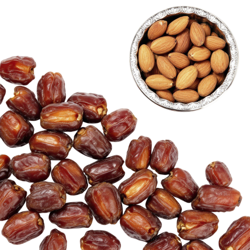Dates and almonds are shown in a bowl and a bowl png