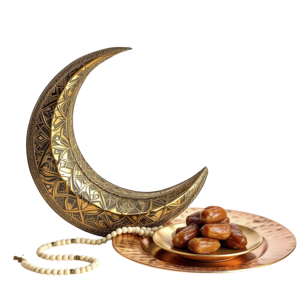 A crescent and a bowl of dates on a plate png