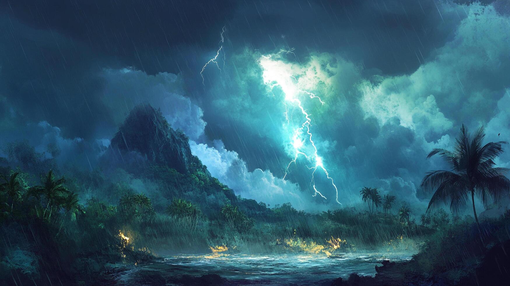 A dramatic storm rages over a tropical island, lightning illuminating the dark sky and lush landscape amidst heavy rain and crashing waves. photo