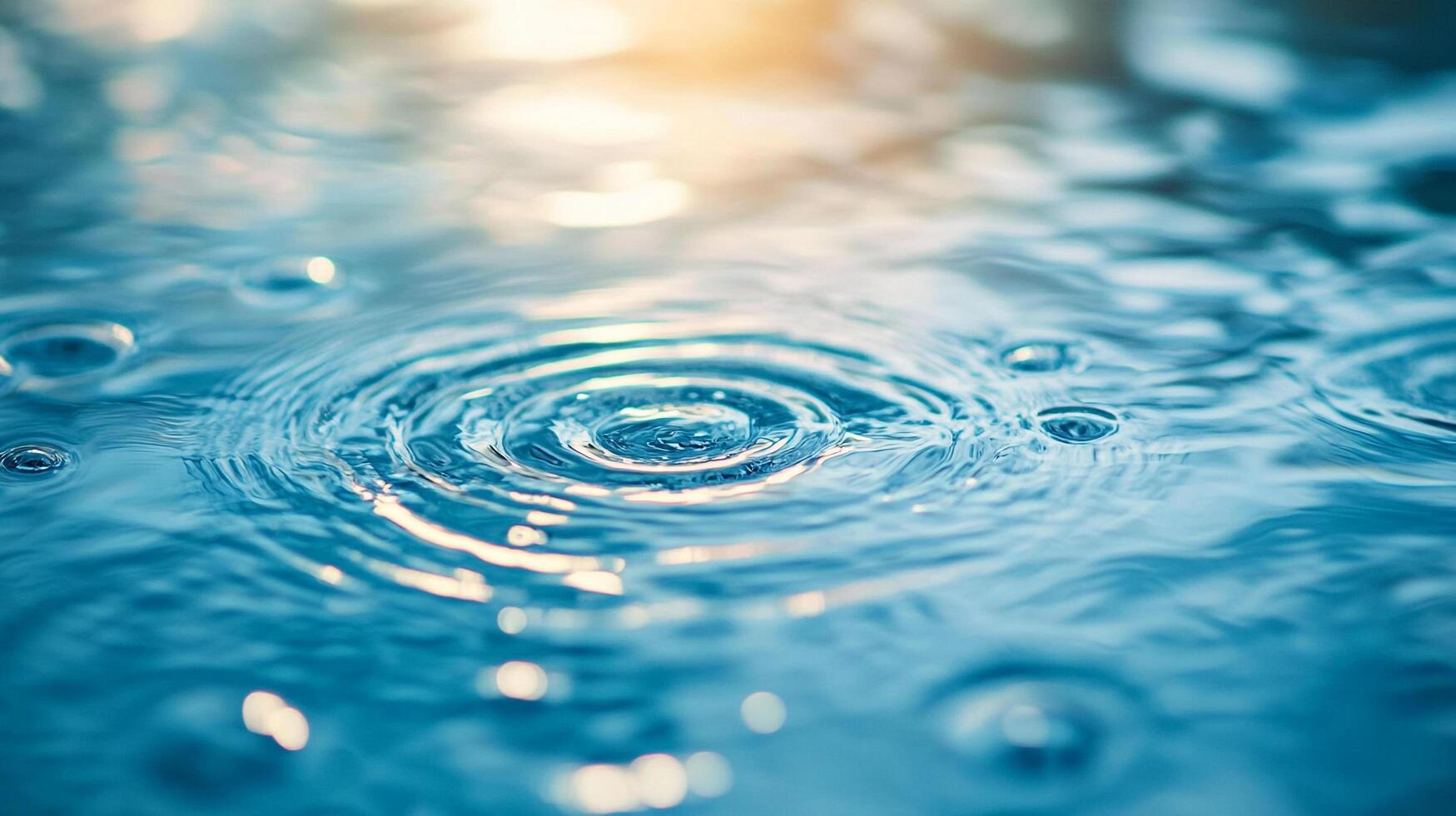 Water surface with concentric circles and light reflections creating a calming, rippling effect. Raindrops impact the surface. photo