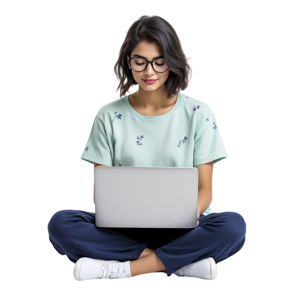 A woman in glasses sits on the floor with a laptop png