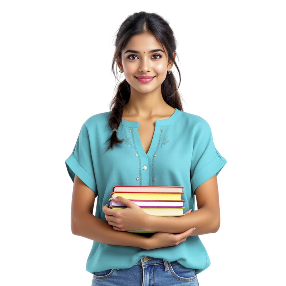 A young woman holding a stack of books png