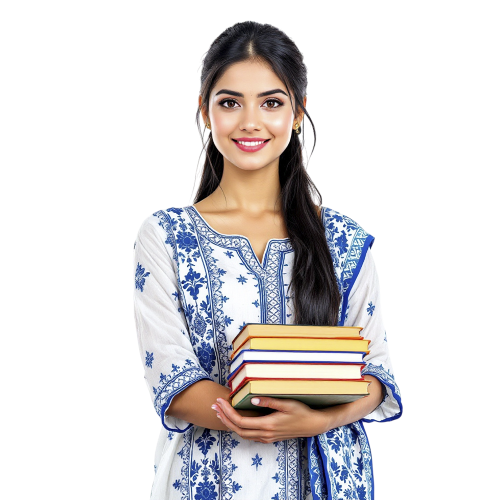 A beautiful indian woman holding a stack of books png