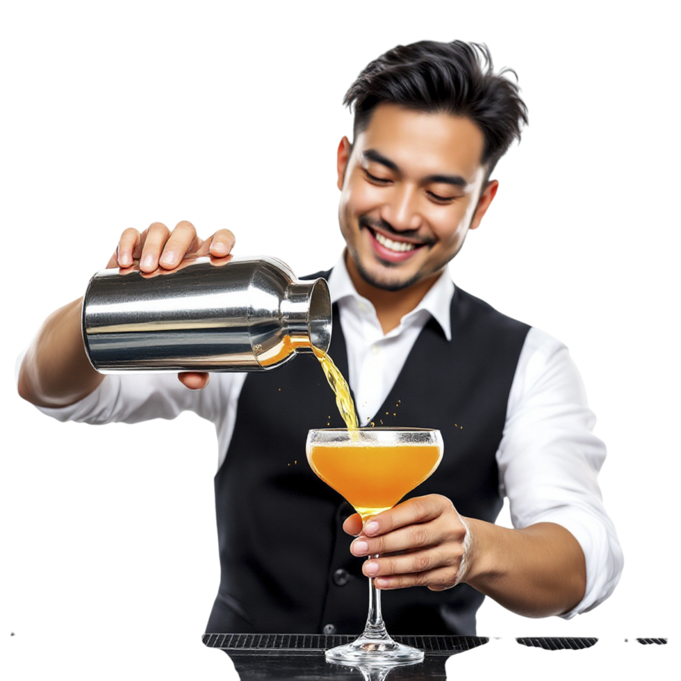 A man in a vest pouring a cocktail into a glass png
