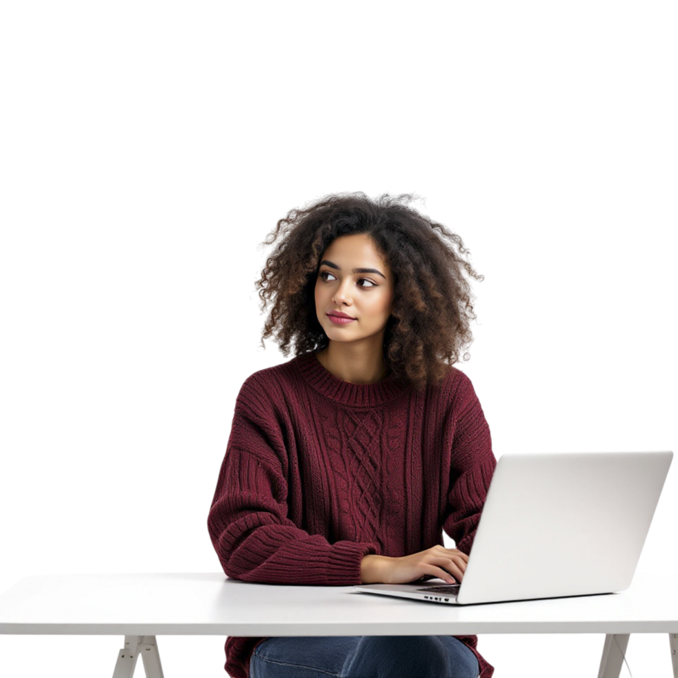 A woman sitting at a table with a laptop png