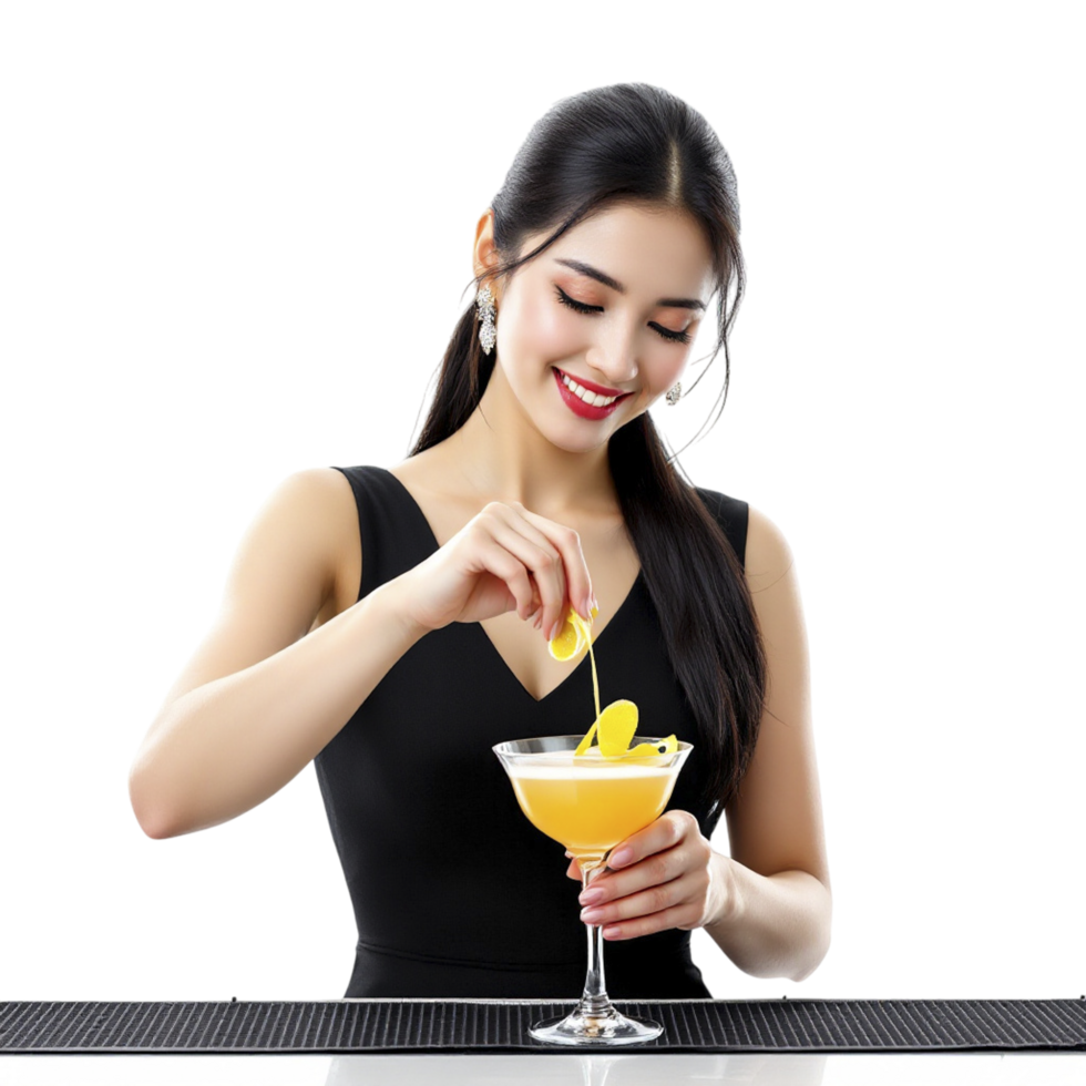 A woman is making a cocktail with a lemon slice png