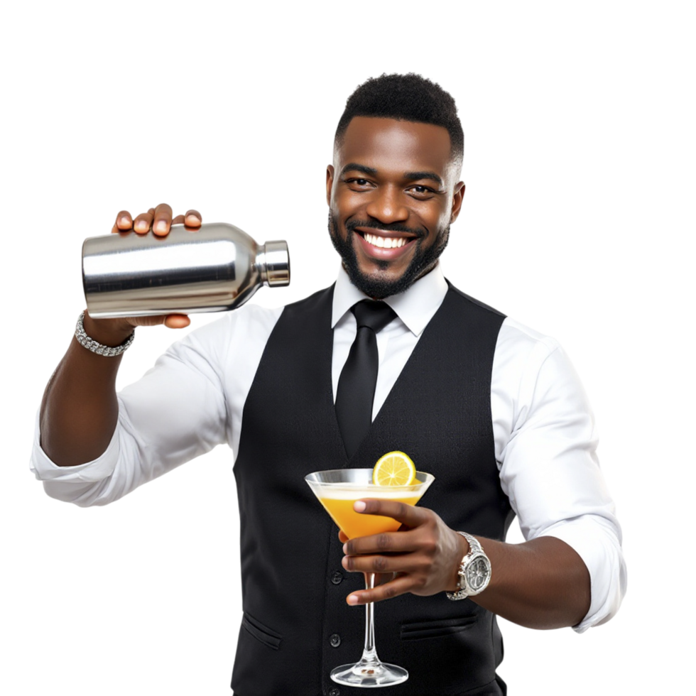 A man in a vest holding a cocktail shaker png