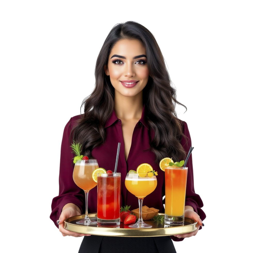A woman holding a tray with different drinks png