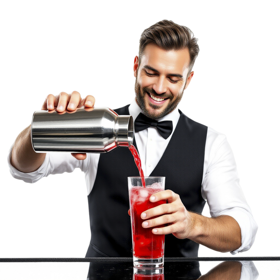 A man in a vest pouring a drink into a glass png