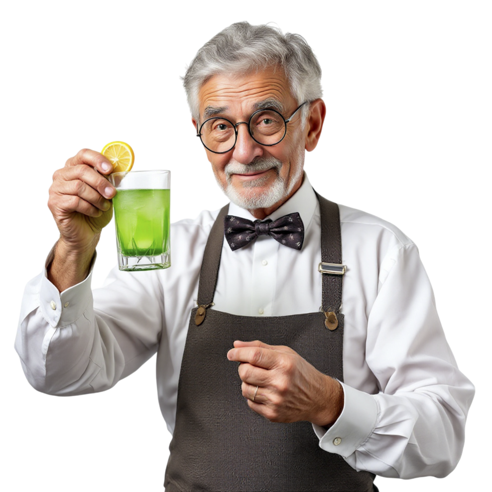 A man in apron holding a glass with a lemon slice png