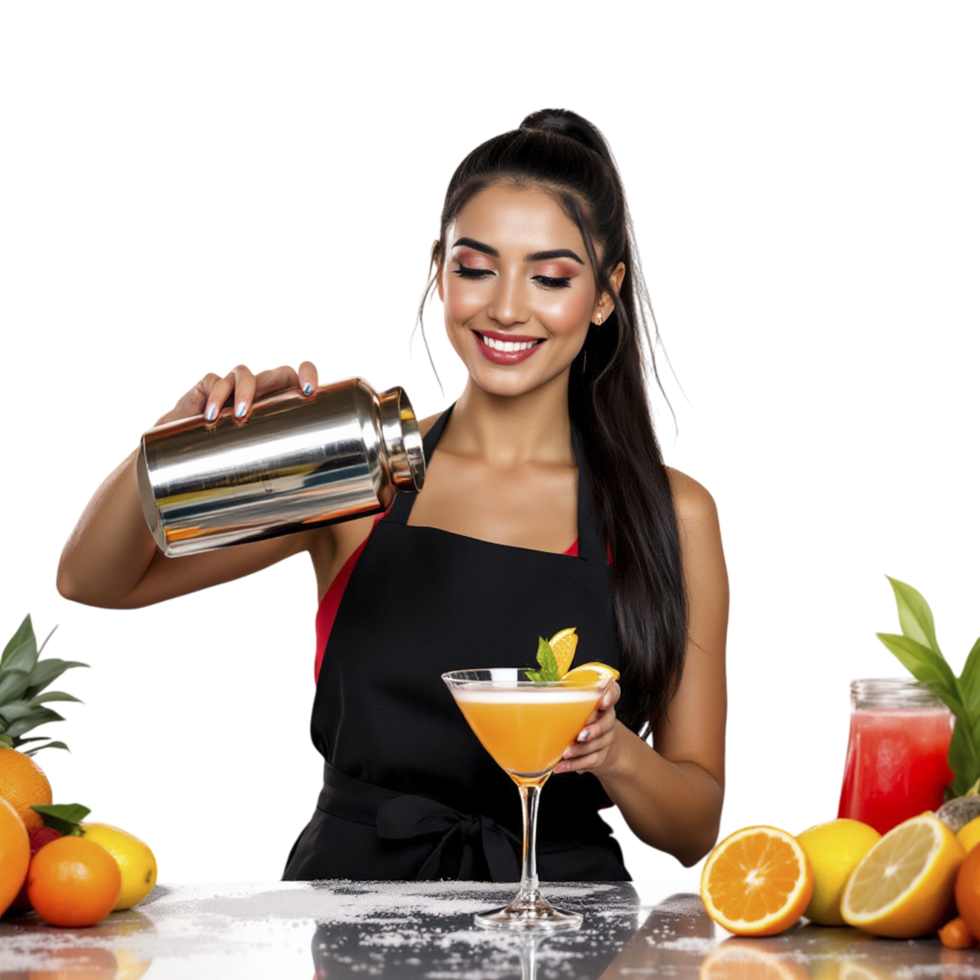 A woman in an apron is pouring a cocktail png