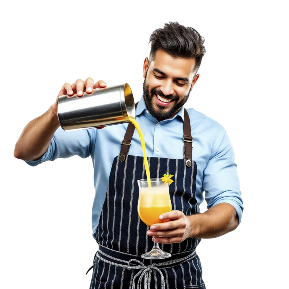 A man in an apron pouring orange juice into a glass png