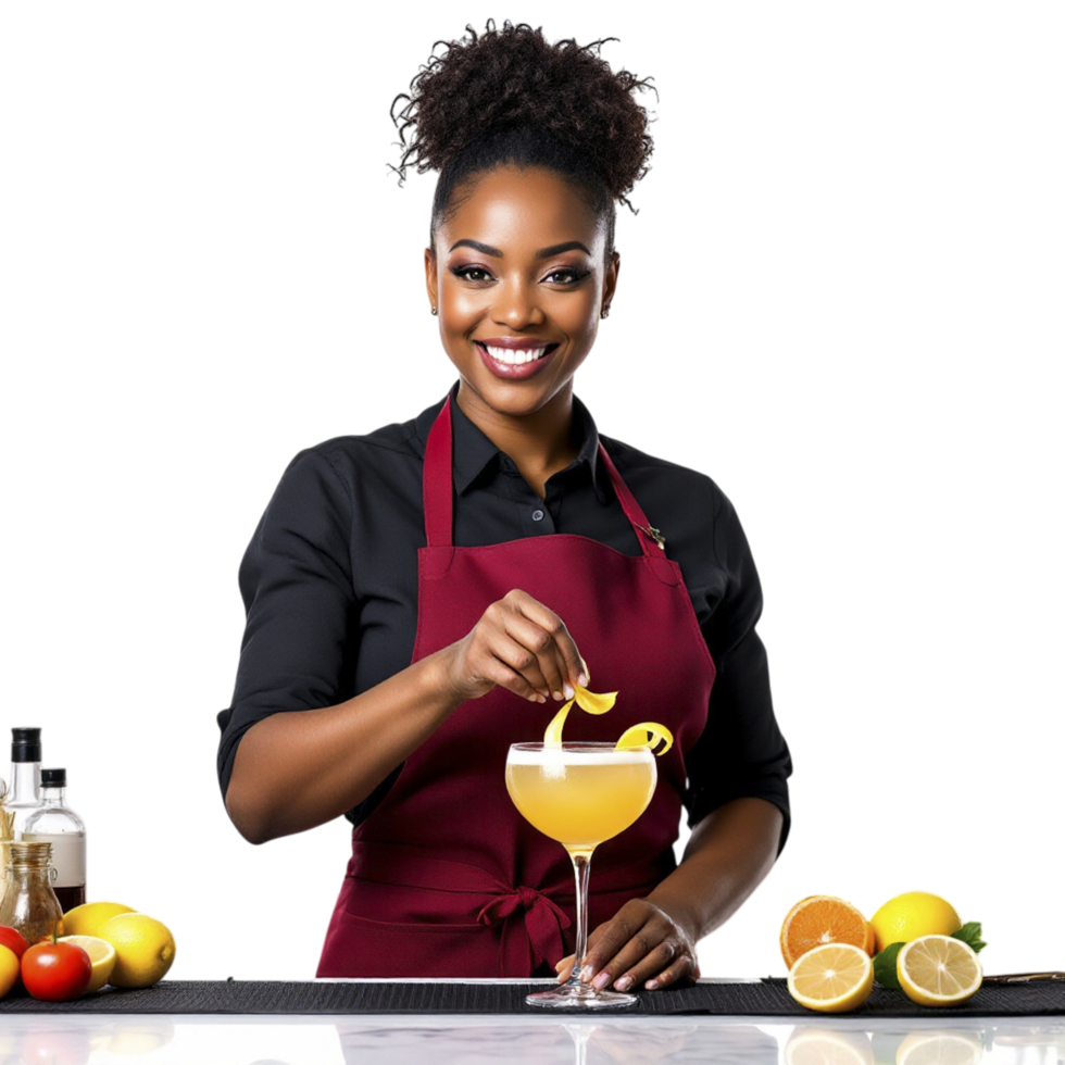 A woman in an apron is making a cocktail png