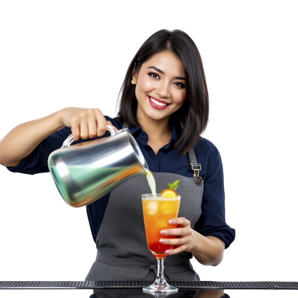 A woman in an apron pouring a drink into a glass png