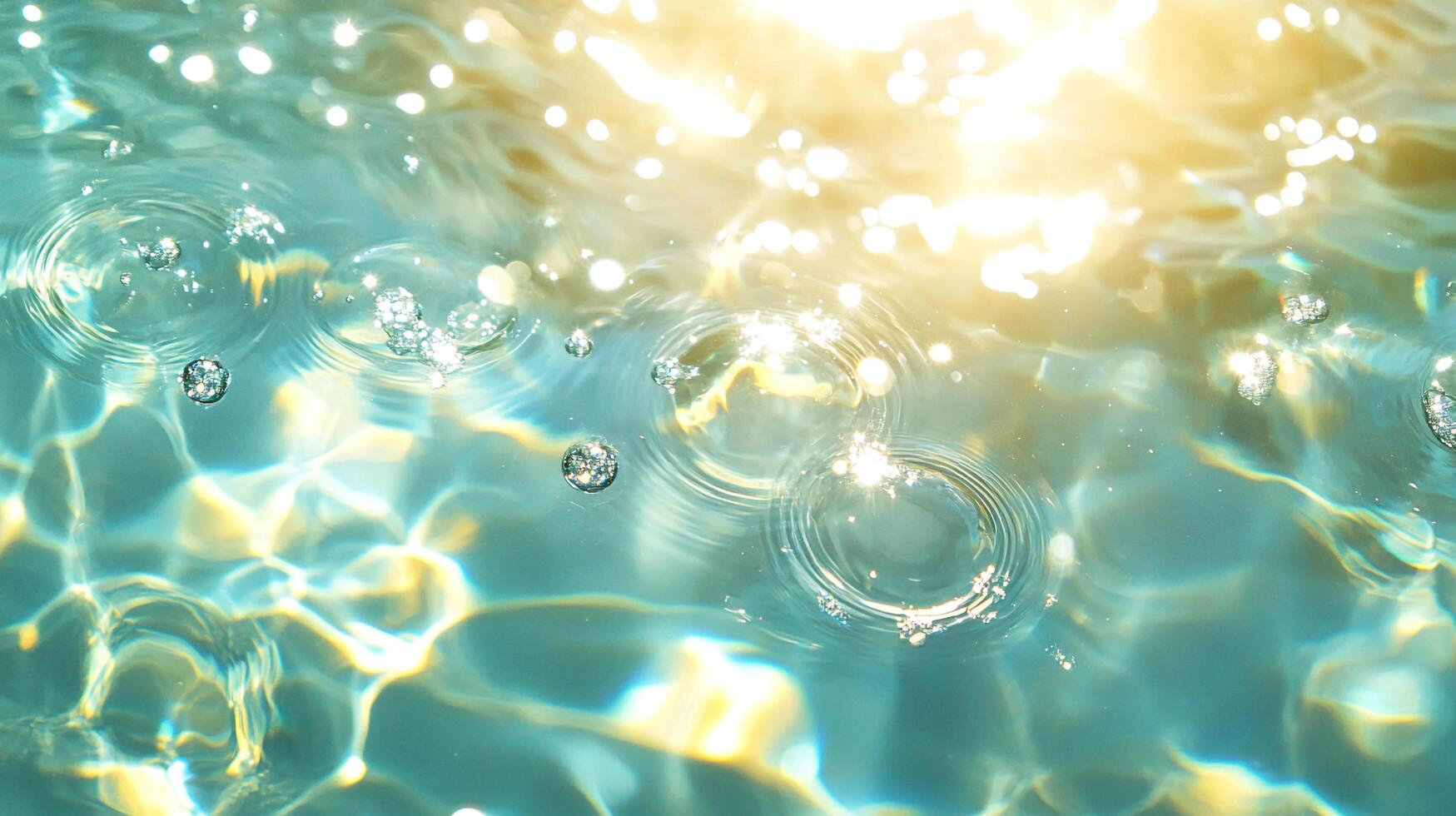 Sunlight reflects in the water, creating ripples and abstract patterns, small bubbles float on the surface, turquoise shades of water. photo