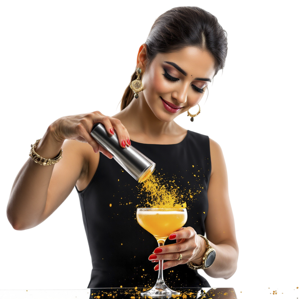 A woman pouring a cocktail into a glass png