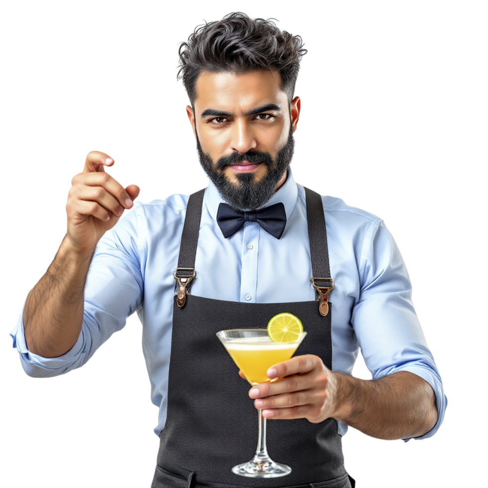 A man with a beard and apron holding a cocktail png