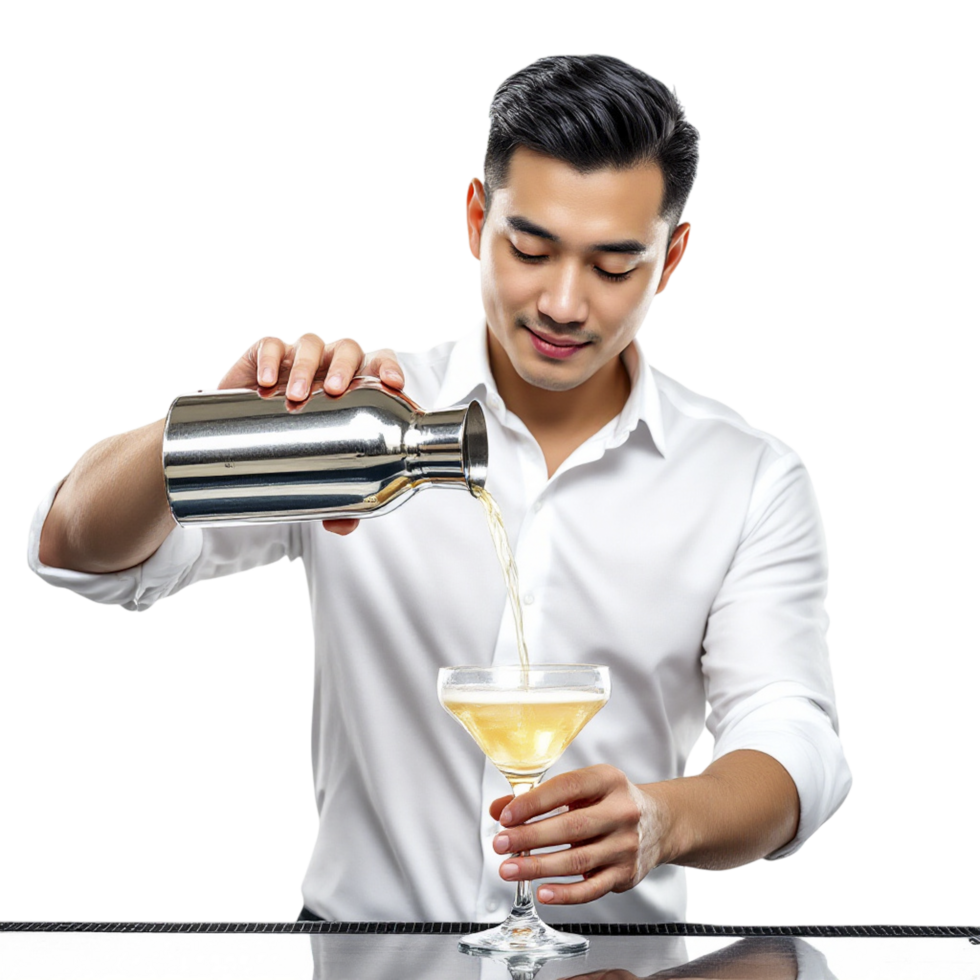 A man in a white shirt pouring a cocktail into a glass png