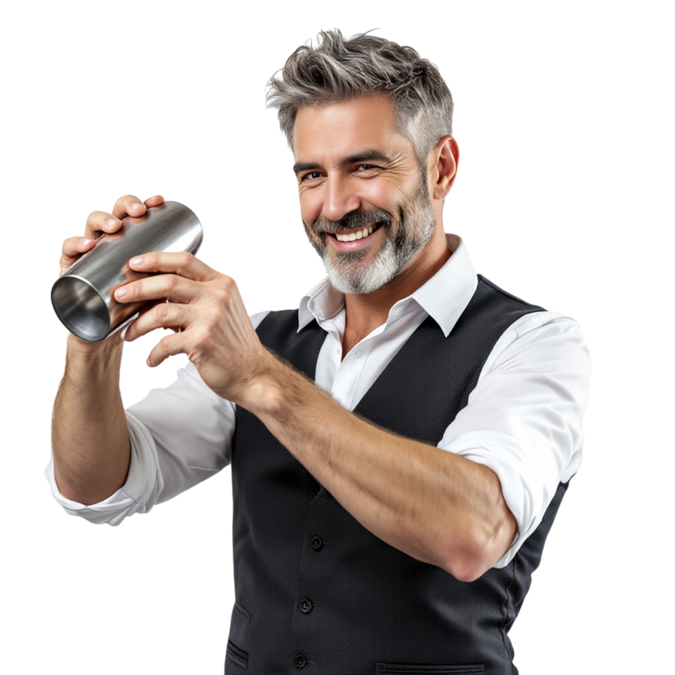 A man with a beard and vest holding a metal shaker png