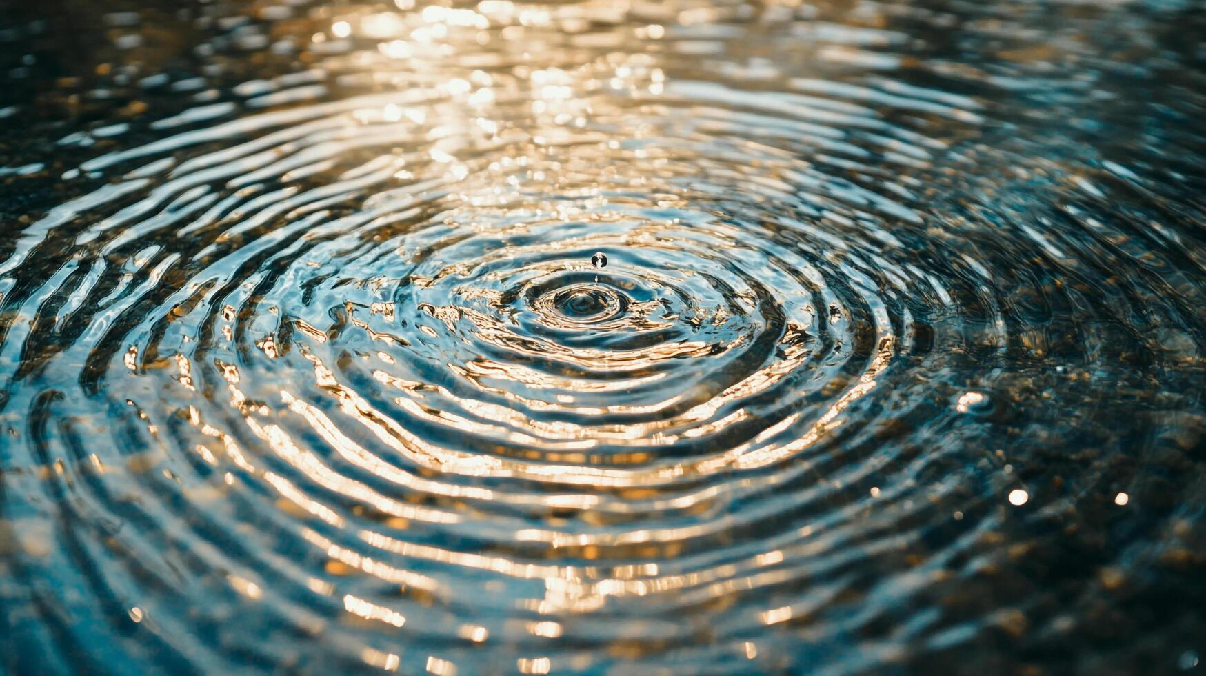 Water drop impact creates concentric rings. Surface tension displays the ripple effect on a body of calm water. Sunlight reflects subtly. photo