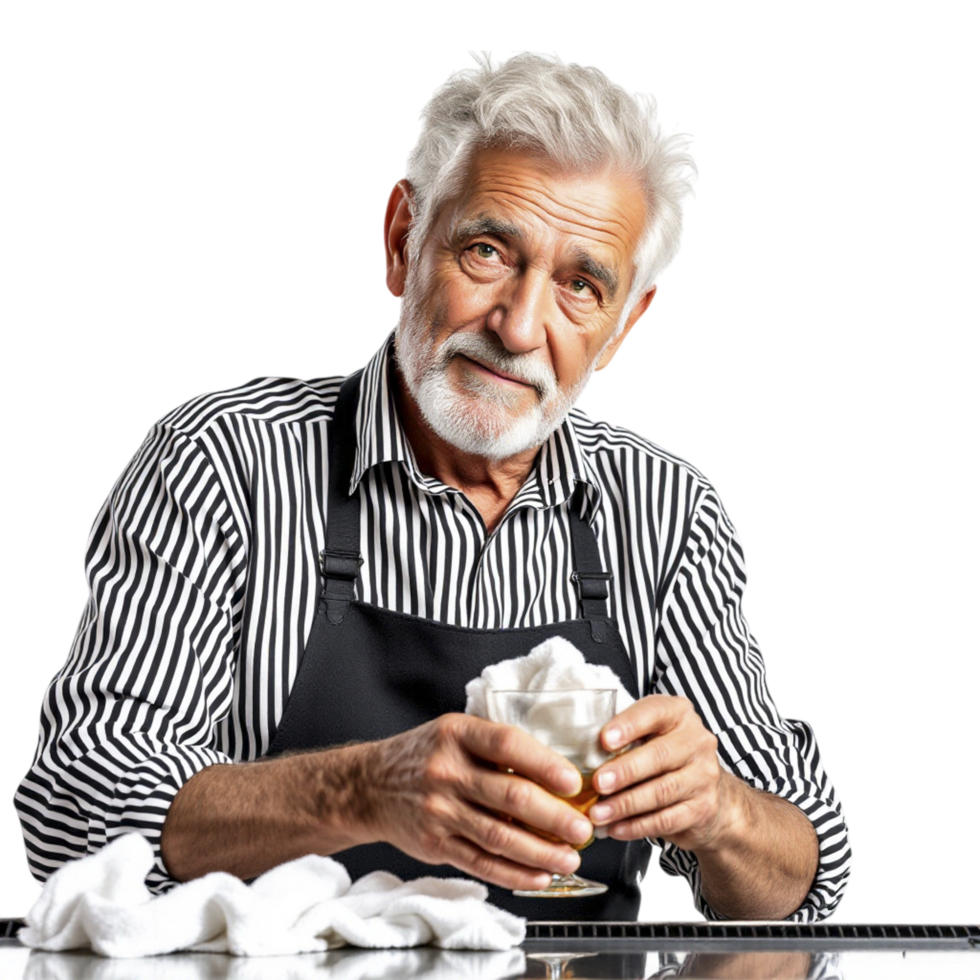 An old man with a white beard and apron holding a glass of beer png