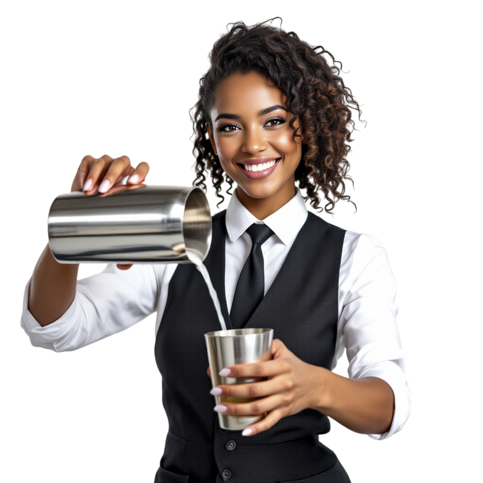 A young woman in a black vest and tie pouring milk into a silver pitcher png
