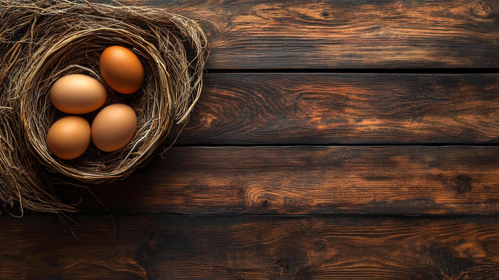 Four eggs nestled in a bird's nest on a rustic wooden surface. The scene suggests springtime, new beginnings, or a natural theme. photo
