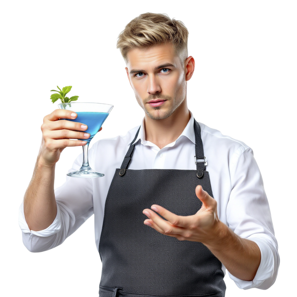 A man in an apron holding a cocktail glass png