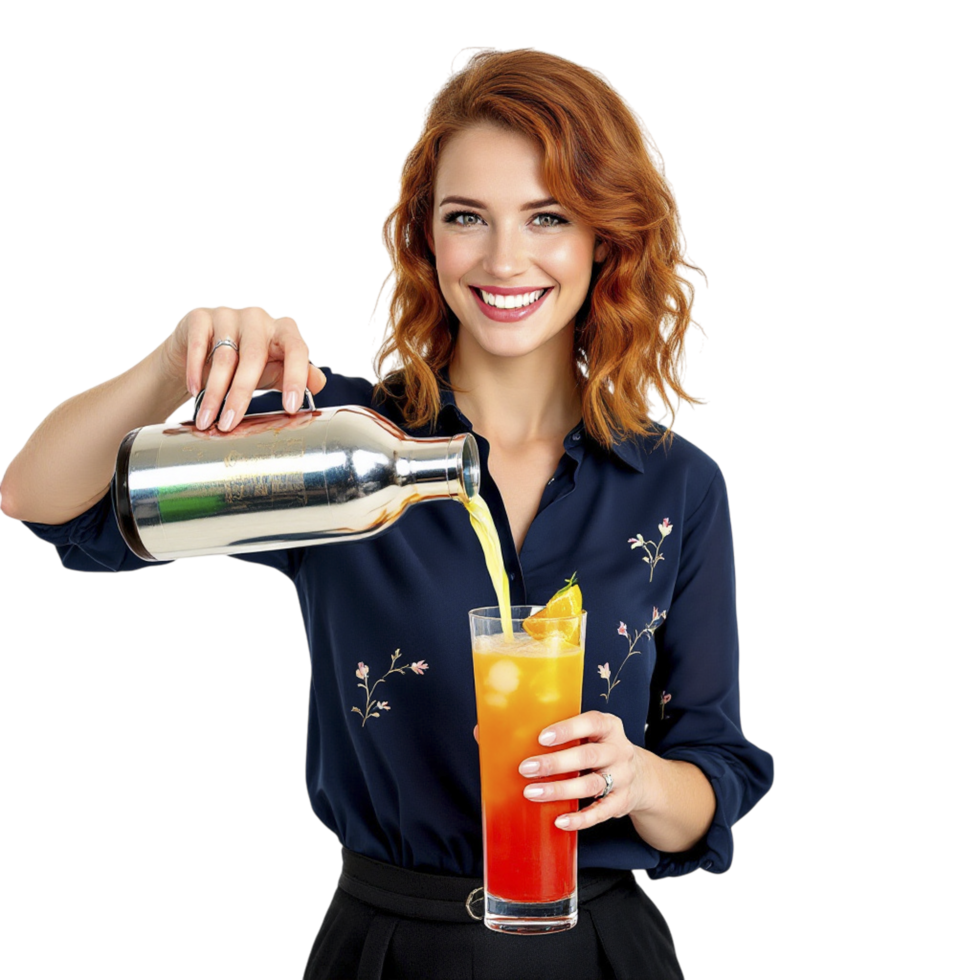 A woman is pouring a drink into a glass png
