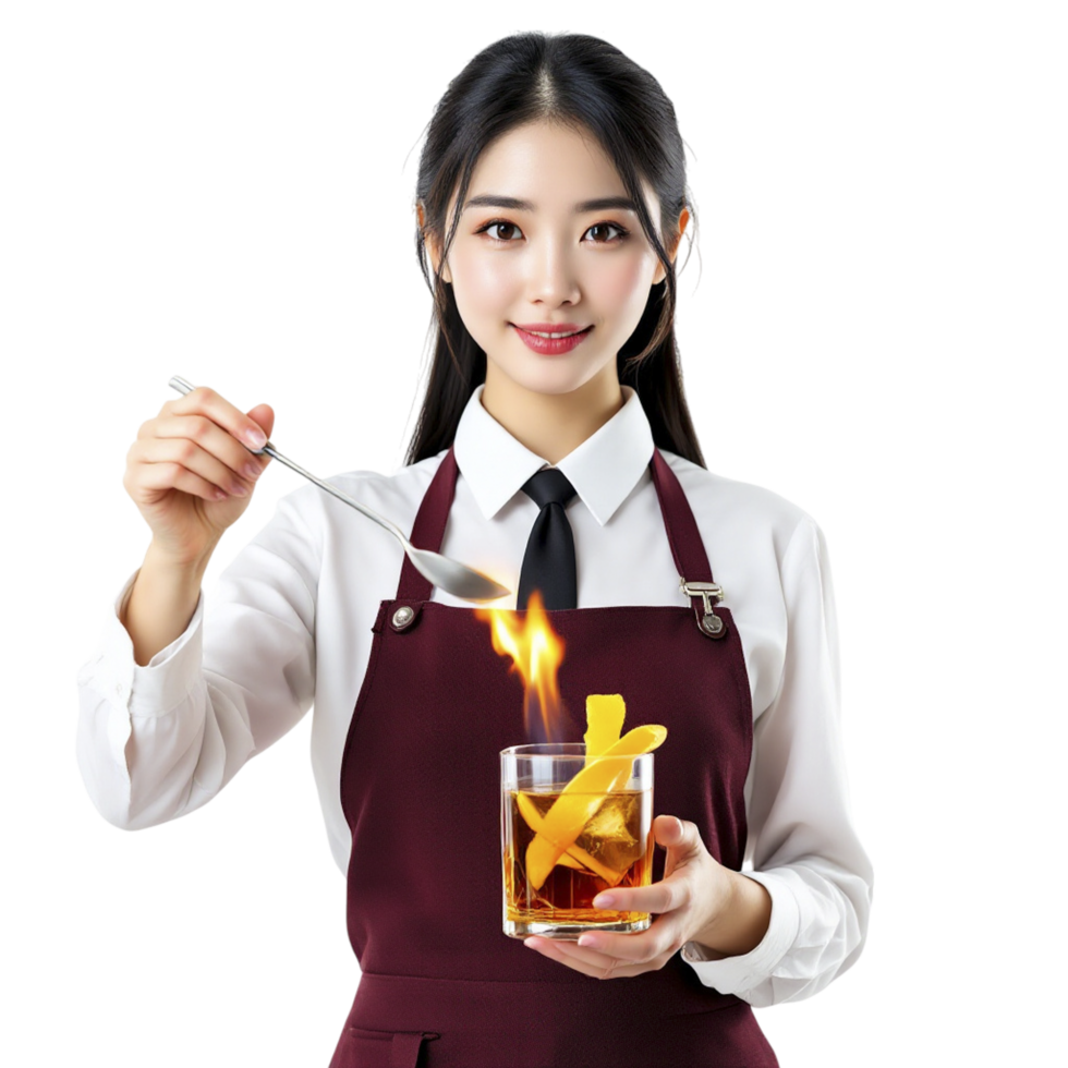 A waitress holding a flaming stick with a glass of whiskey png