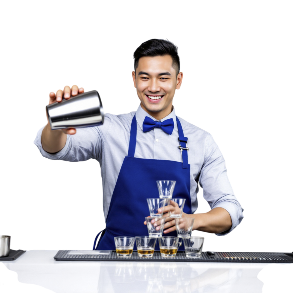 A bartender pouring a drink in front of a bar png