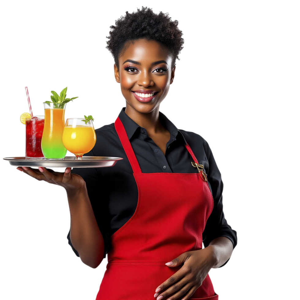 A young woman in an apron holding a tray with drinks png