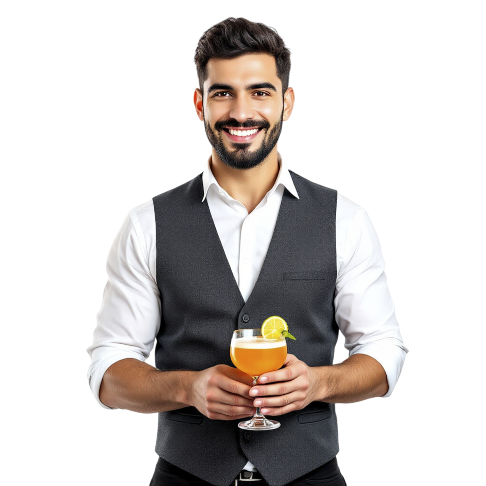 A man in a vest holding a drink and smiling png