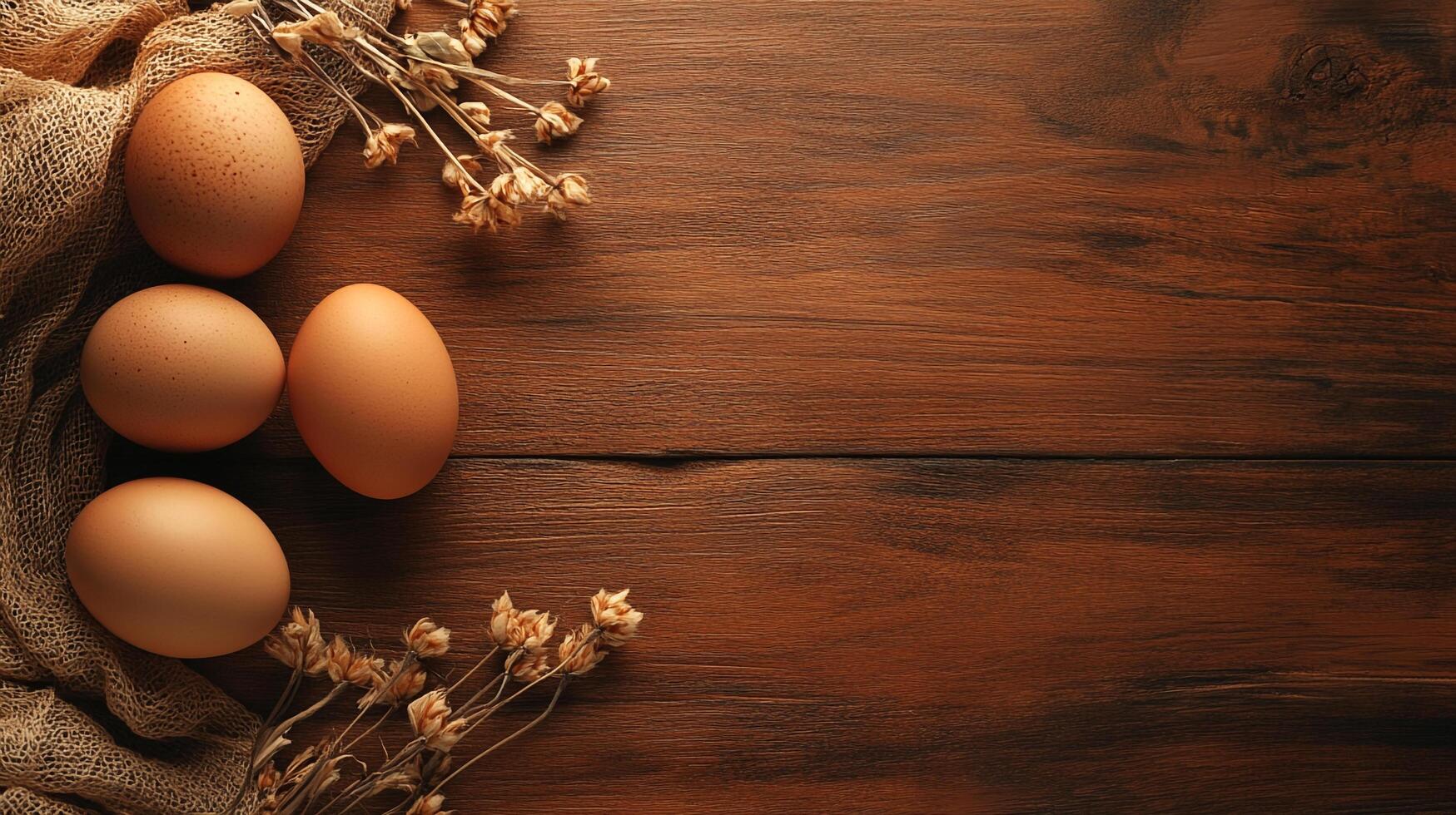 Still life of eggs and dried flowers on a rustic wooden table top with a burlap cloth, capturing simplicity and natural beauty photo
