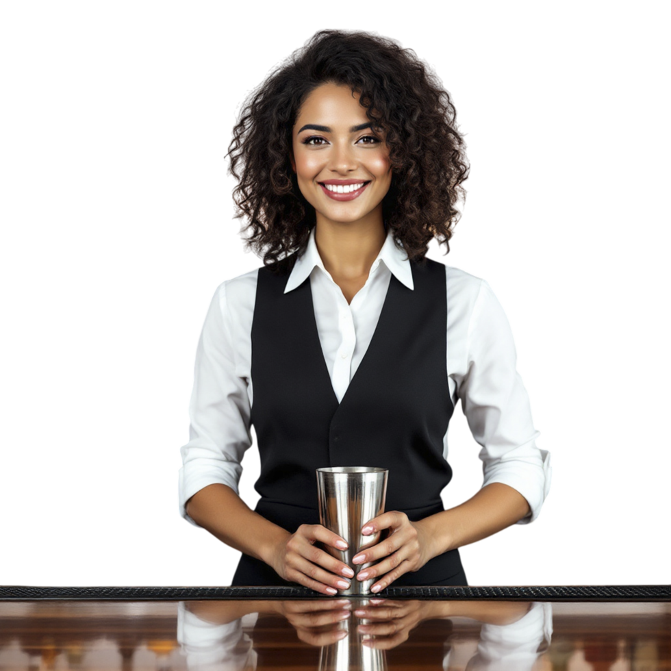 A young woman in a vest holding a drink png