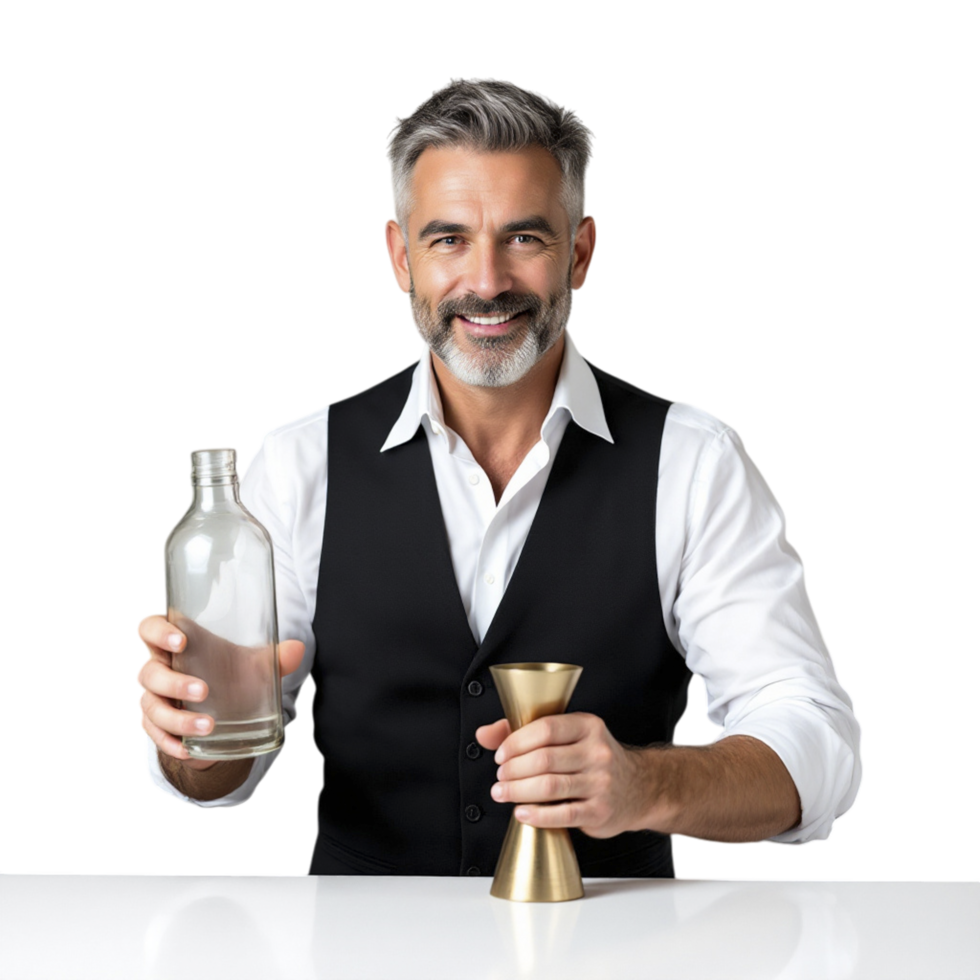A man in a vest holding a glass and a bottle png