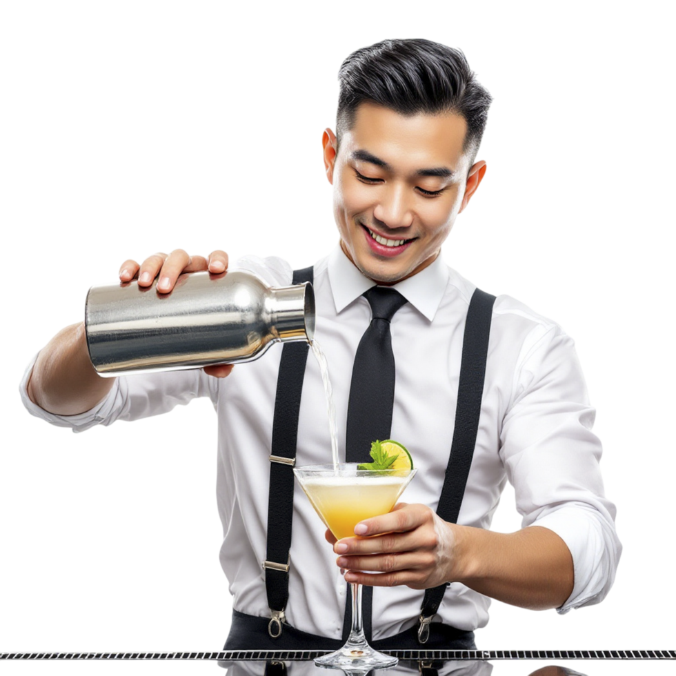 A man in suspenders pouring a cocktail into a glass png