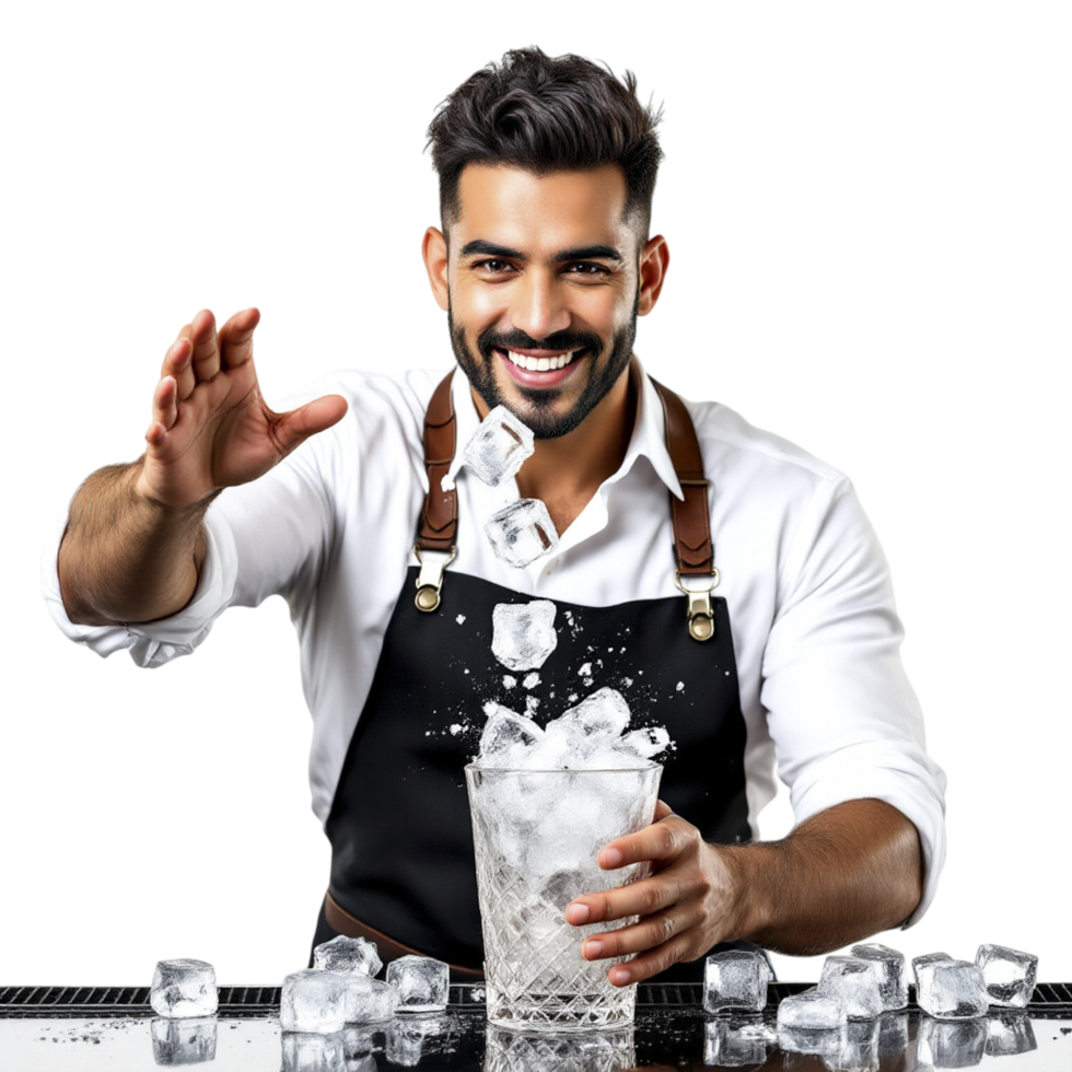 A man in an apron pouring ice cubes into a glass png