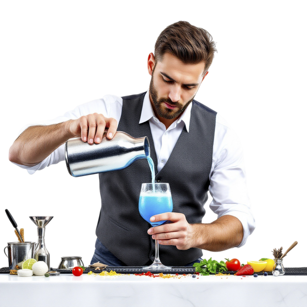 A man in a vest pouring blue liquid into a glass png