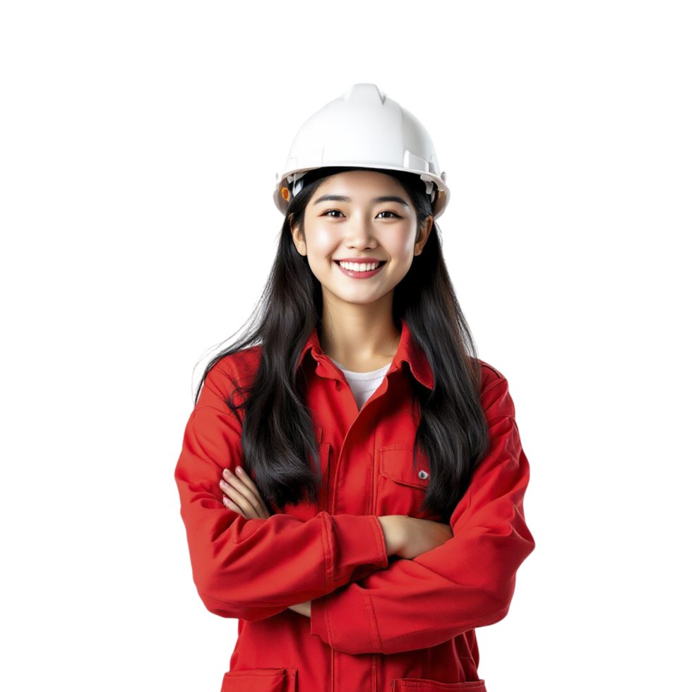 Asian woman in red hard hat standing with arms crossed png