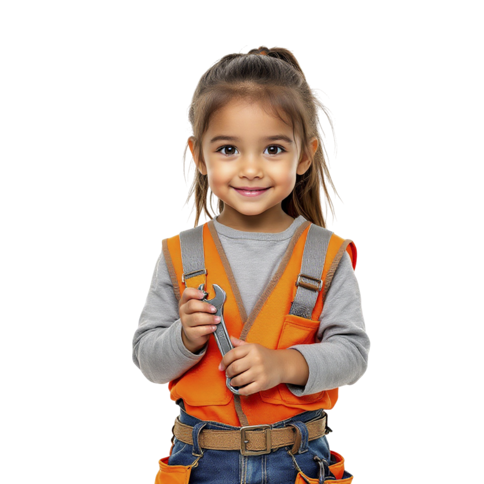 A little girl in an orange vest holding a wrench png