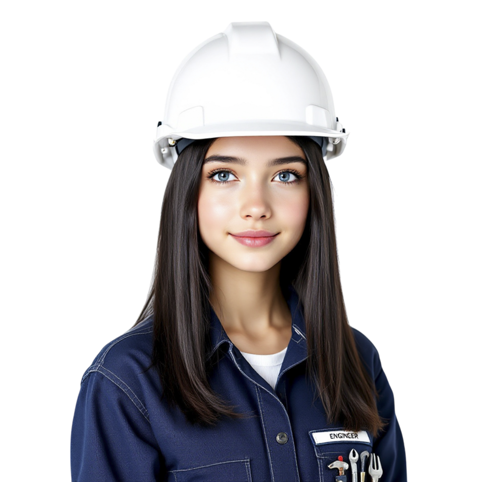 A young woman in a hard hat and blue uniform png