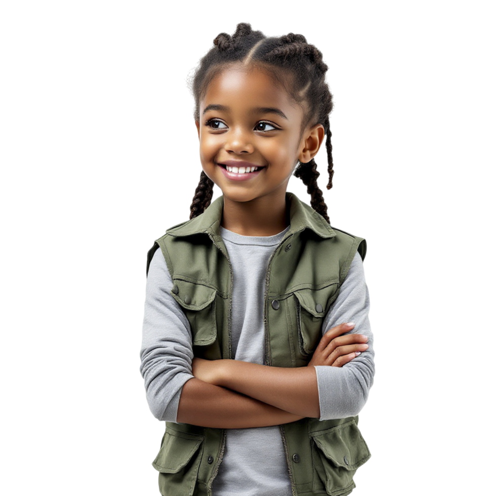 A little girl with braids and a green vest png
