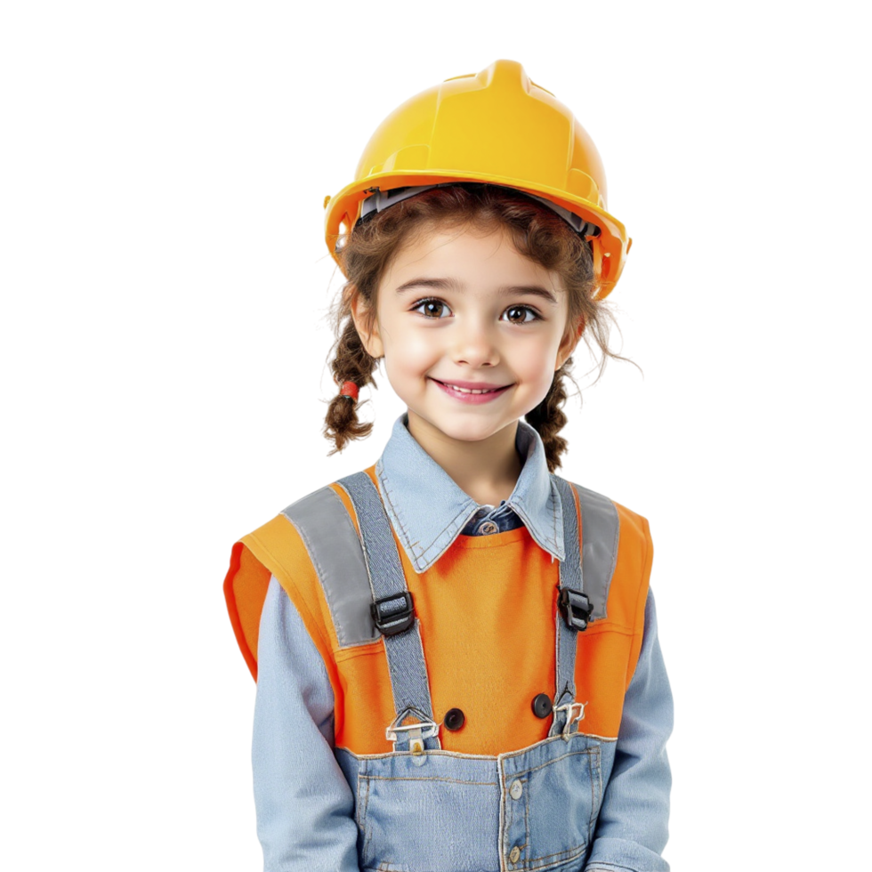 A little girl in an orange hard hat and overalls png